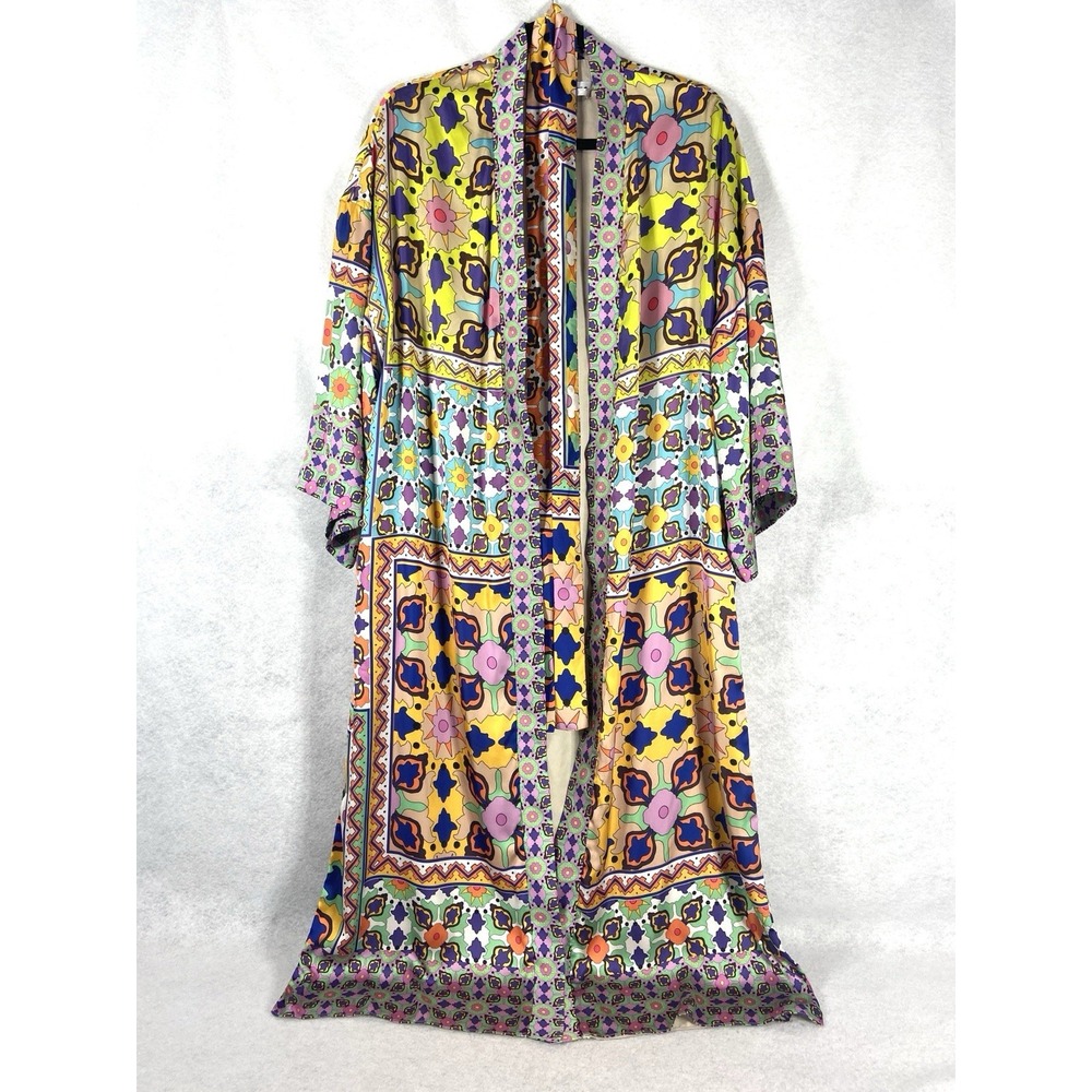 Zara Long Kimono Women's Medium Yellow Purple Satin Geometric Boho Chic Resort
